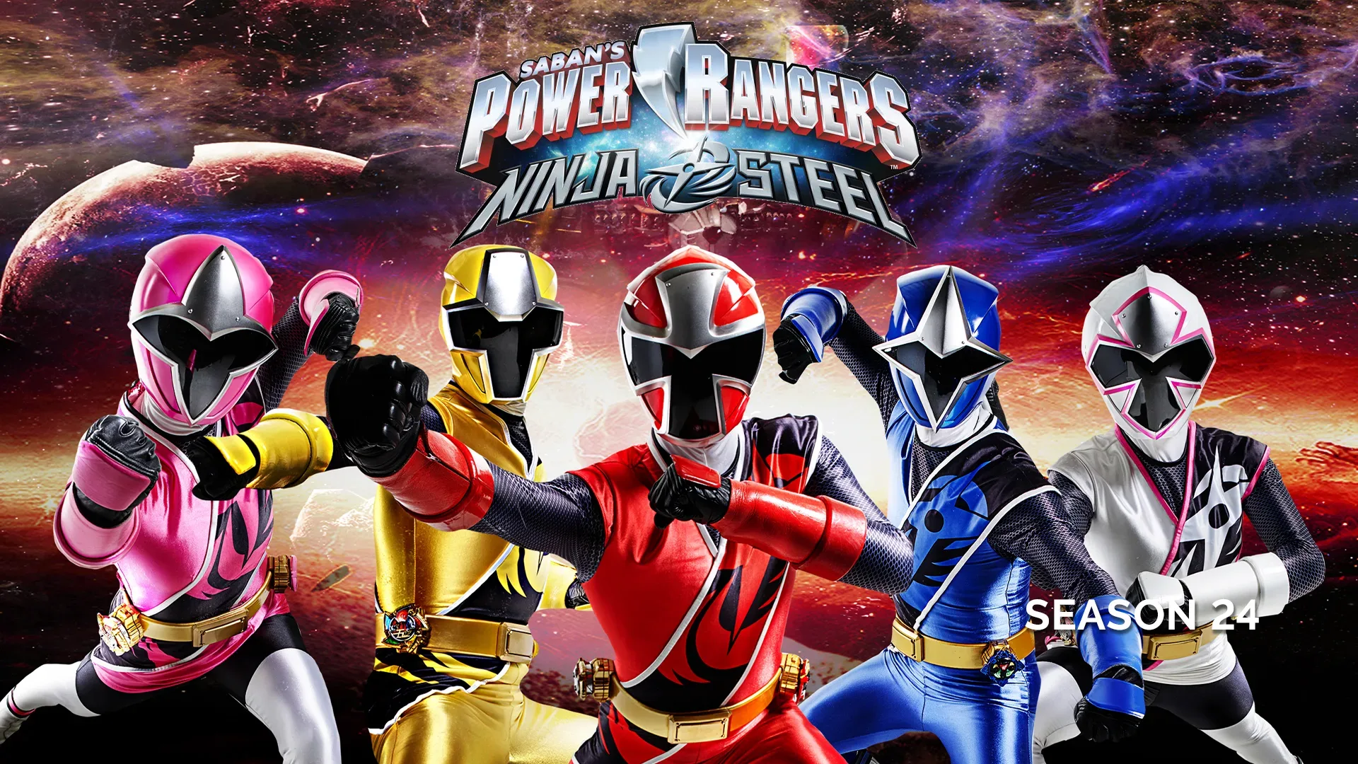 Seis Rangers mascarados nas cores vermelho, azul, amarelo, rosa, branco e dourado em poses de combate diante de uma cidade futurista e de uma torre cristalina luminosa.