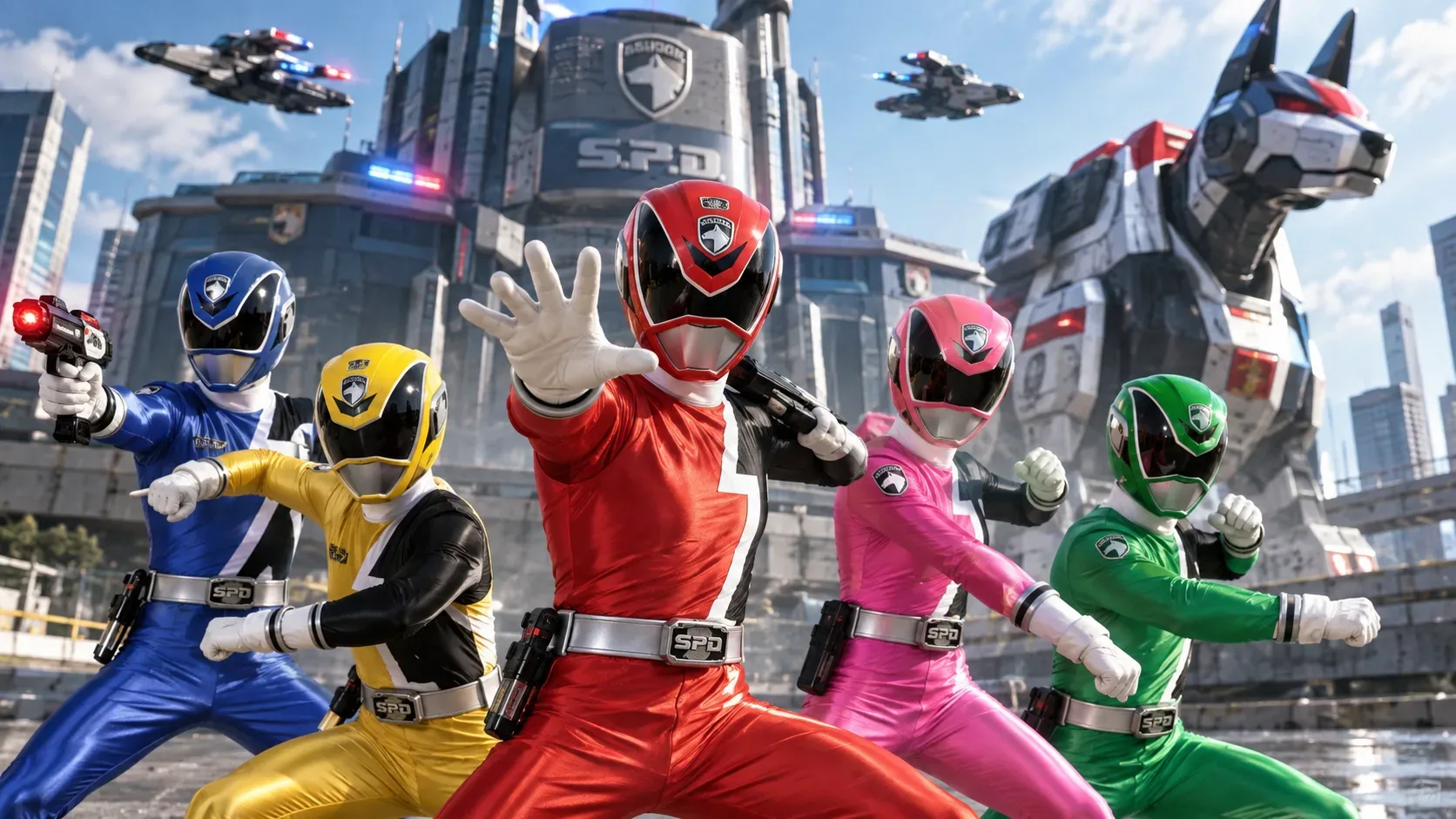 Cinco heróis uniformizados em vermelho, azul, amarelo, rosa e verde posam diante de uma base policial futurista, com naves de patrulha no céu e um grande cão robótico ao fundo.