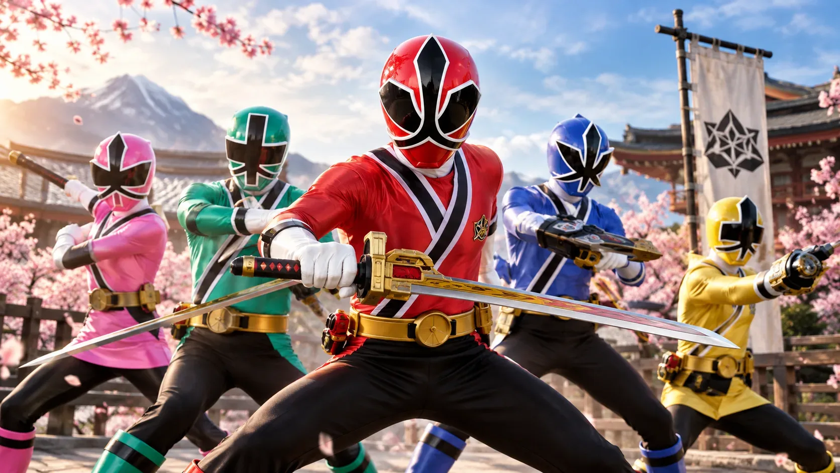 Cinco heróis samurais mascarados em trajes vermelho, rosa, verde, azul e amarelo posam para combate em um cenário japonês com cerejeiras e montanhas.