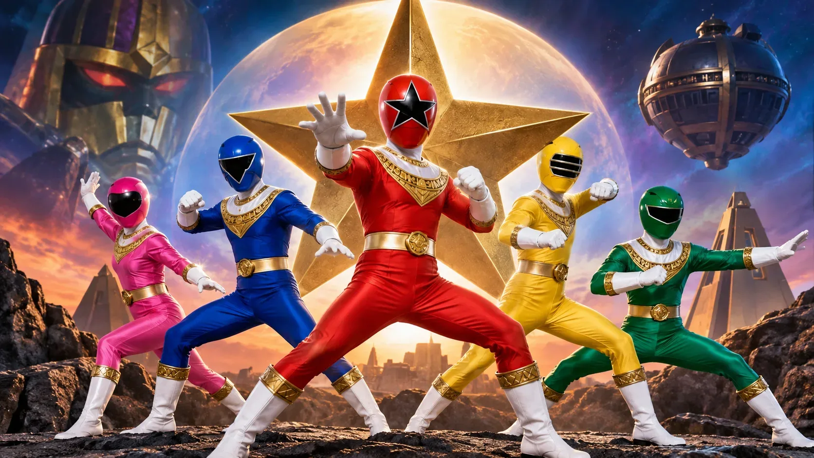 Cinco heróis mascarados em uniformes vermelho, azul, rosa, amarelo e verde com detalhes dourados posam em cenário rochoso futurista, diante de uma grande estrela dourada e sob um céu cósmico, com um vilão blindado e uma esfera robótica ao fundo.