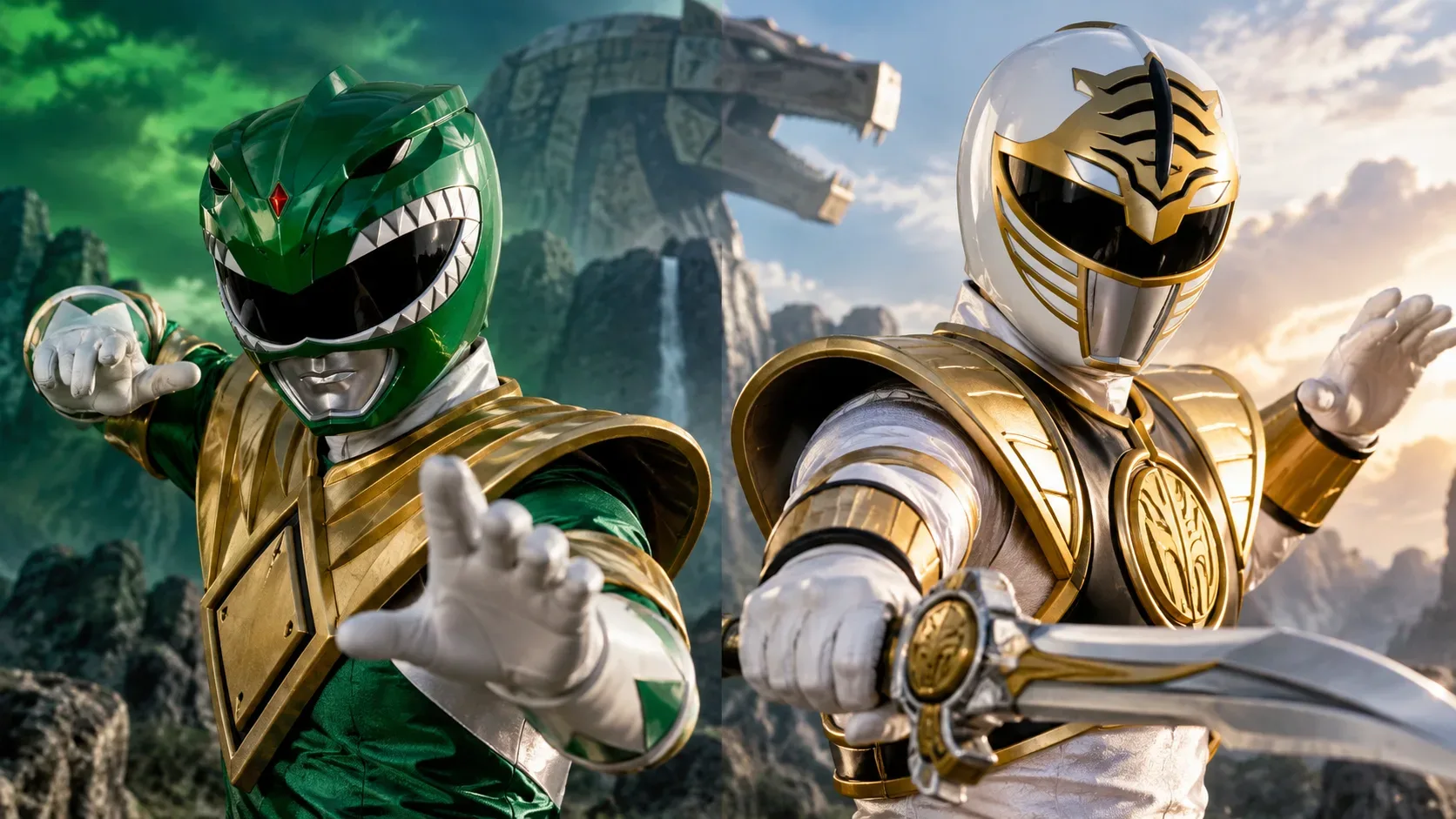 Ranger Verde e Ranger Branco em poses de combate lado a lado, com cenário rochoso e uma grande figura de zord ao fundo.