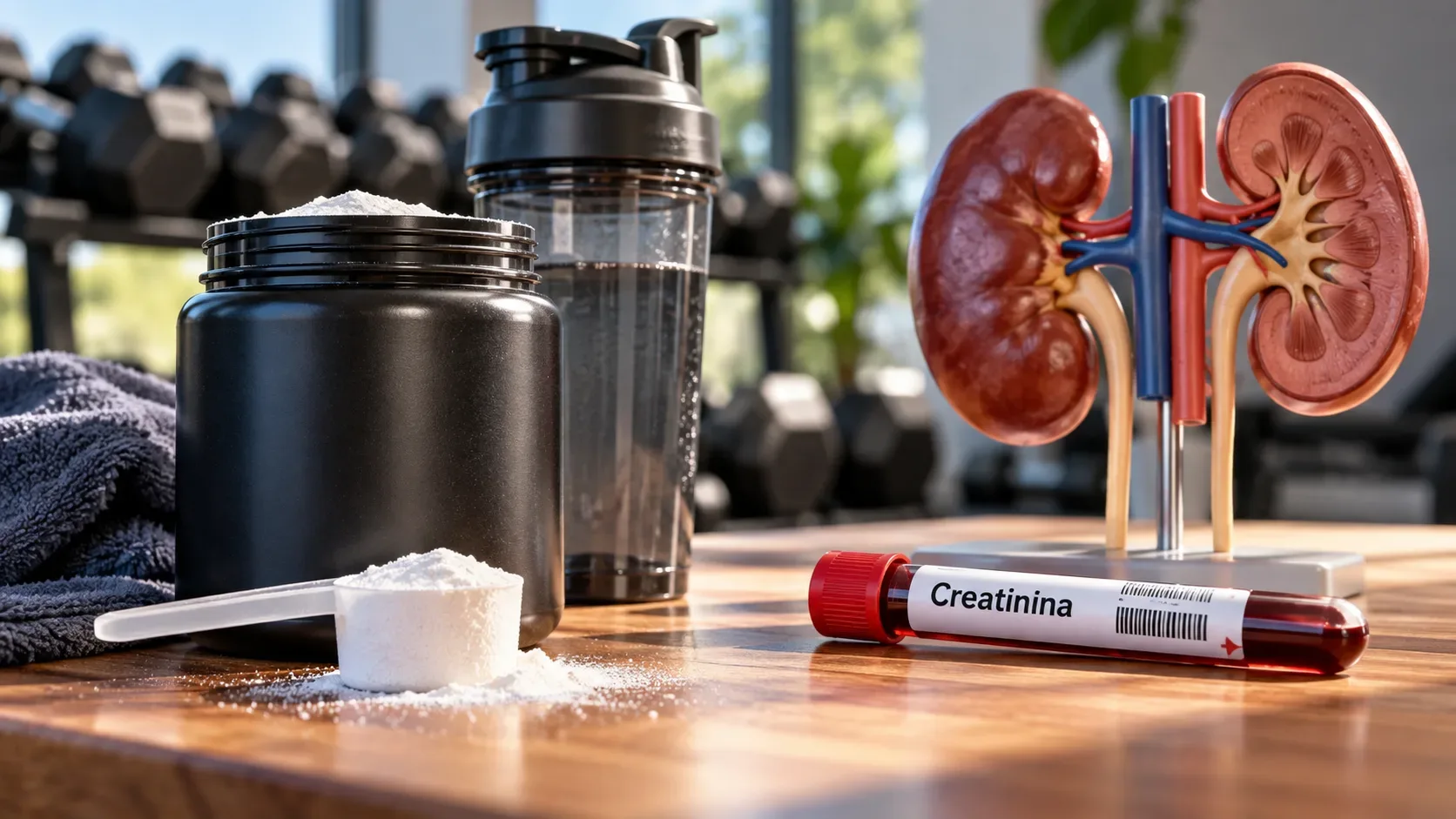 Pote e dosador de creatina ao lado de coqueteleira, tubo de sangue identificado para creatinina e modelo anatômico dos rins em ambiente de academia.