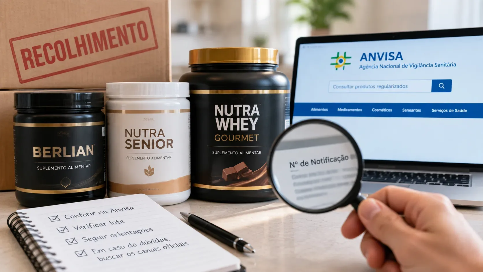 Frascos de Berlian, Nutra Senior e Nutra Whey Gourmet ao lado de uma lupa, caixa de recolhimento e tela da Anvisa.