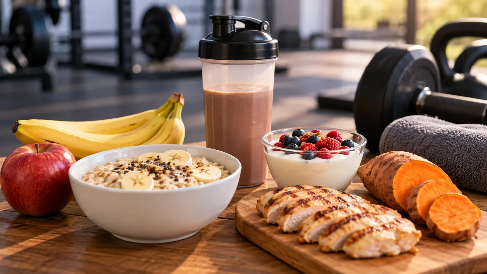 Aveia com banana, frutas, iogurte com frutas vermelhas, shake proteico, frango e batata-doce sobre mesa de madeira, com pesos e toalha ao fundo de uma academia.