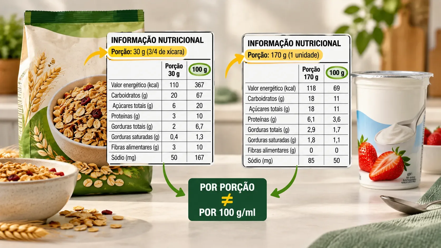 Cereal e iogurte lado a lado com tabelas nutricionais ampliadas, destacando porções diferentes e a comparação por 100 g/ml.