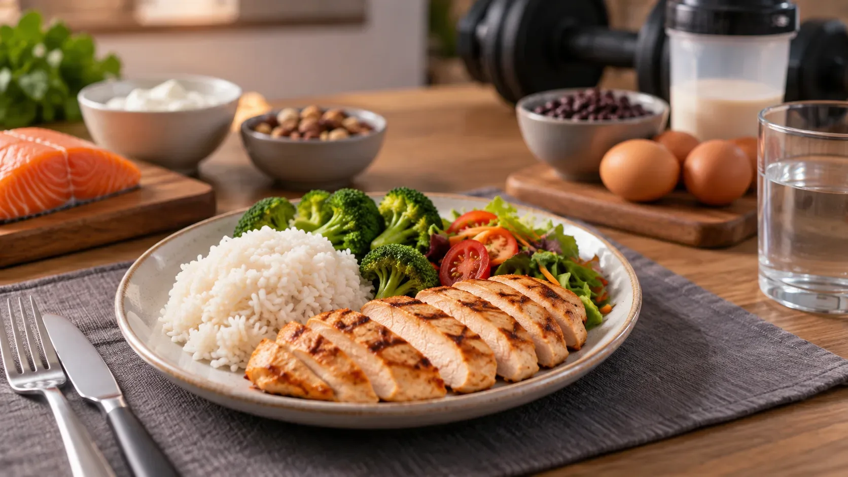 Prato com frango grelhado, arroz, brócolis e salada, cercado por ovos, salmão, iogurte, leguminosas, castanhas, shake proteico e halteres.