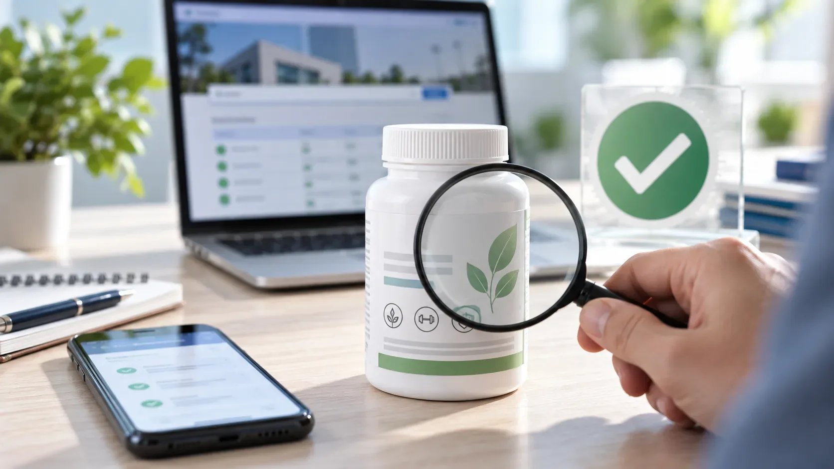 Frasco branco de suplemento sobre mesa sendo inspecionado com lupa, diante de notebook e celular com consultas desfocadas e símbolo verde de verificação.
