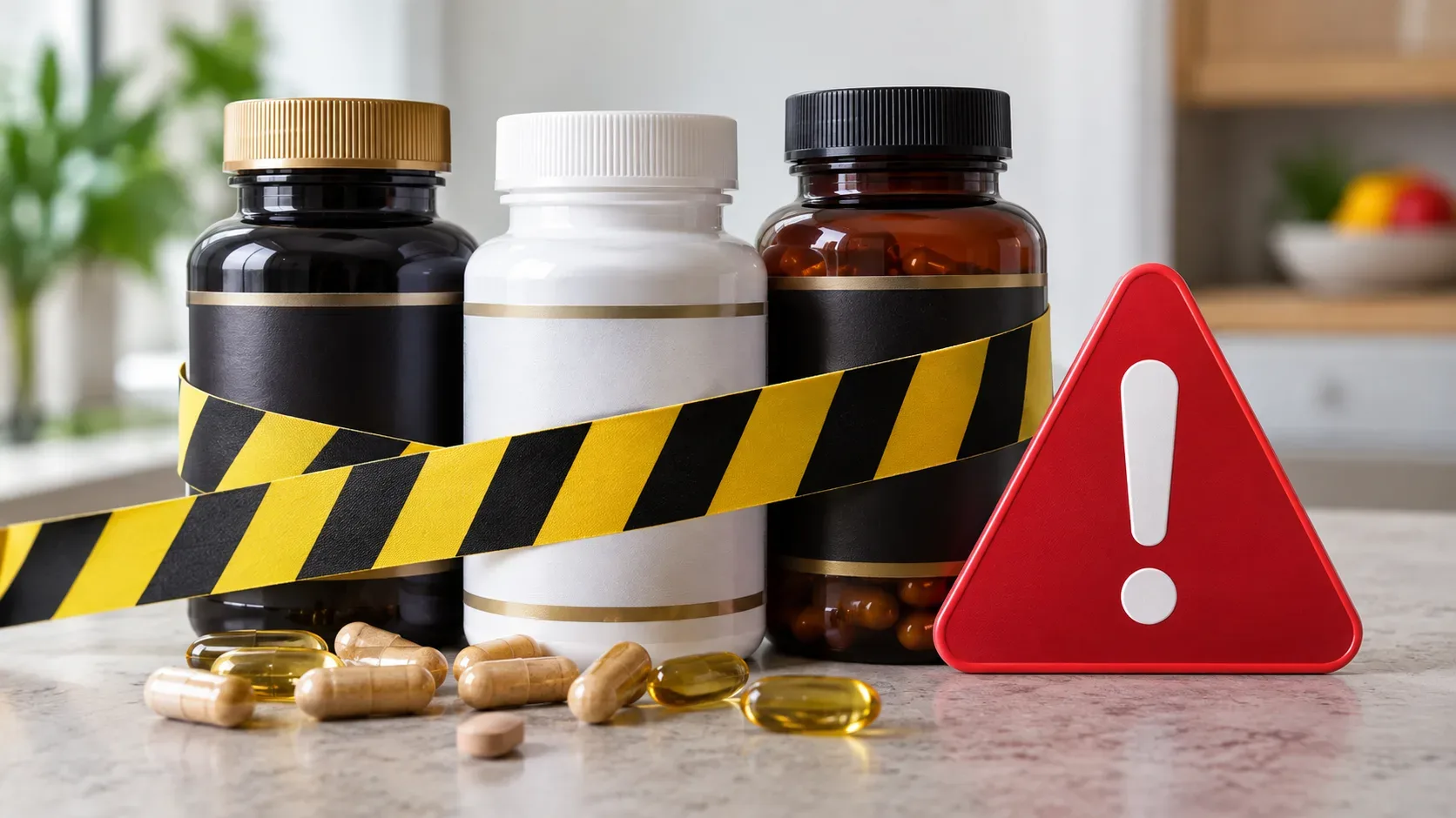 Três frascos de suplementos sem marca cercados por fita preta e amarela de alerta, cápsulas sobre a bancada e um triângulo vermelho de advertência.