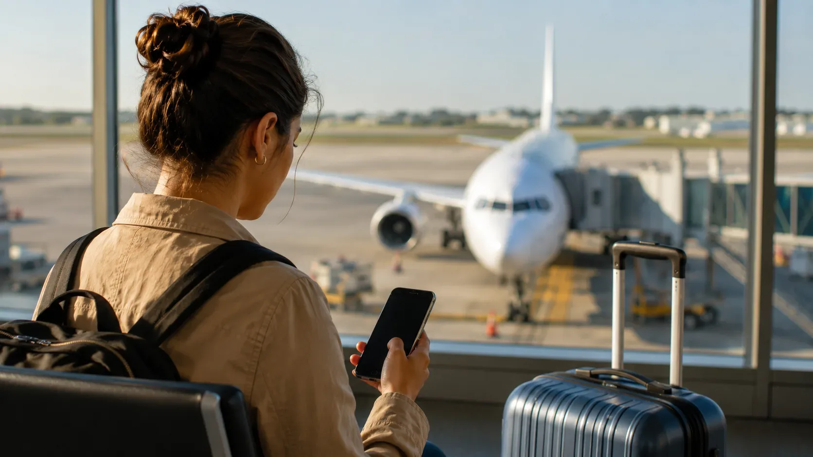Passageiro consultando o status de um voo no celular em área de embarque, com mala ao lado e sem marcas ou dados pessoais visíveis.