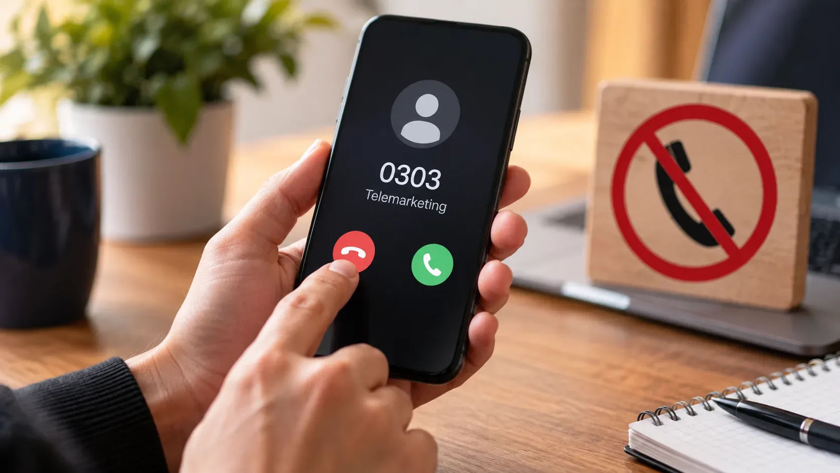 Mãos seguram smartphone com chamada de telemarketing 0303 enquanto o botão de recusar é acionado, ao lado de um símbolo de bloqueio telefônico.