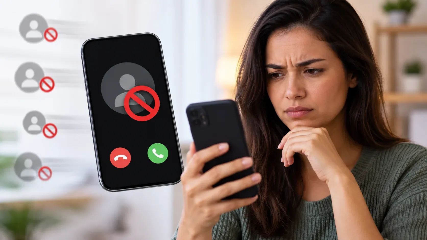 Mulher observa o celular ao lado de uma representação de chamada bloqueada e ícones de ligações repetidas.