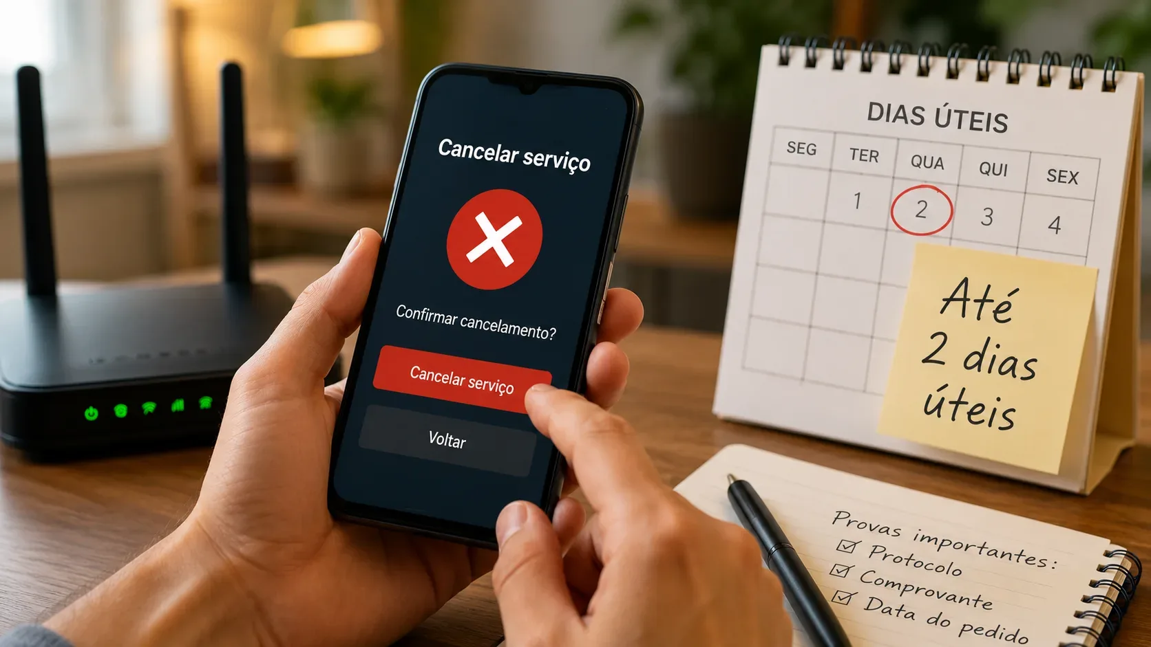 Mãos seguram celular na tela de confirmação de cancelamento ao lado de roteador Wi‑Fi e calendário destacando dois dias úteis.