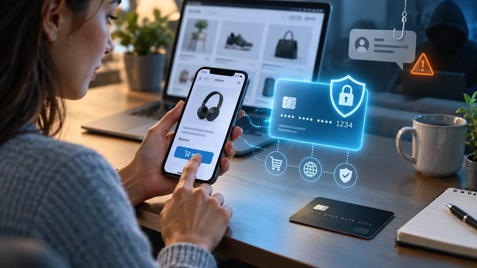 Pessoa fazendo compra online no celular ao lado de um cartão virtual azul com escudo de segurança, um cartão físico sobre a mesa e um alerta visual de phishing ao fundo.