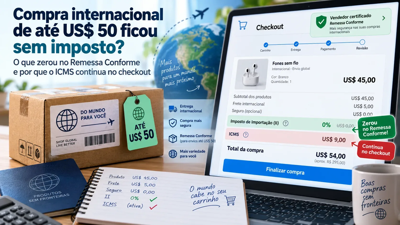 Caixa de encomenda internacional ao lado de um notebook com checkout que destaca Imposto de Importação em 0% e ICMS ainda cobrado.