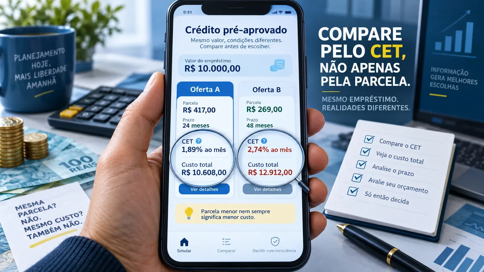 Mão segura smartphone com duas ofertas de crédito lado a lado, enquanto lupas destacam CET e custo total em uma mesa com calculadora e elementos financeiros.