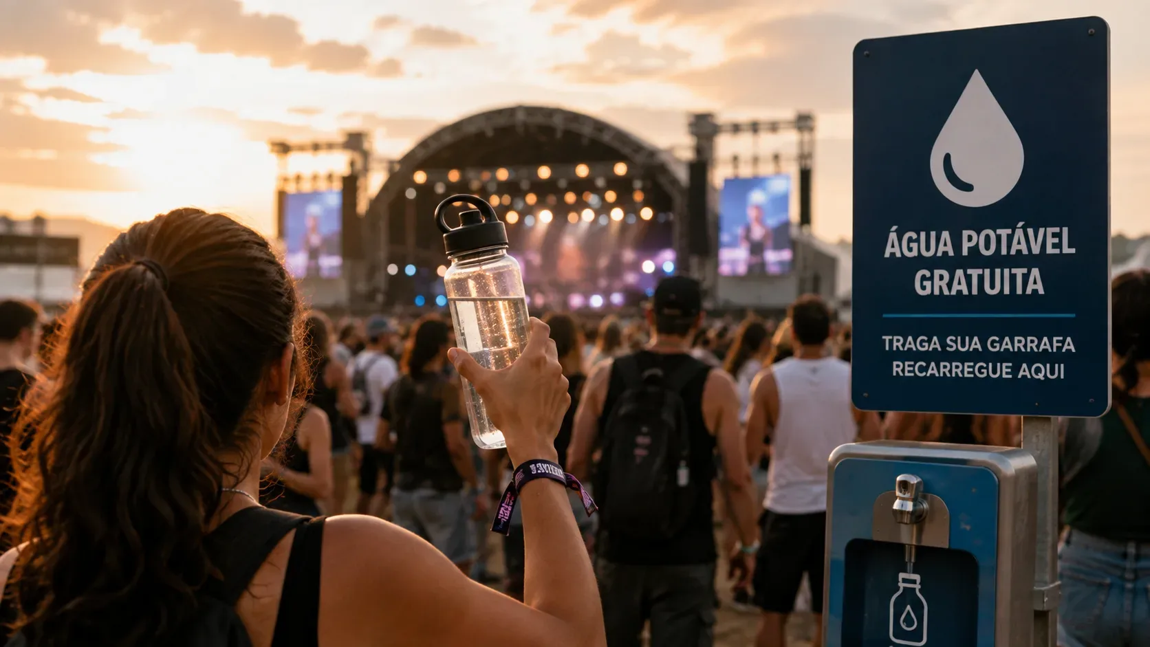 Mulher ergue uma garrafa reutilizável diante de um palco de festival, ao lado de ponto de água gratuita com placa de hidratação.
