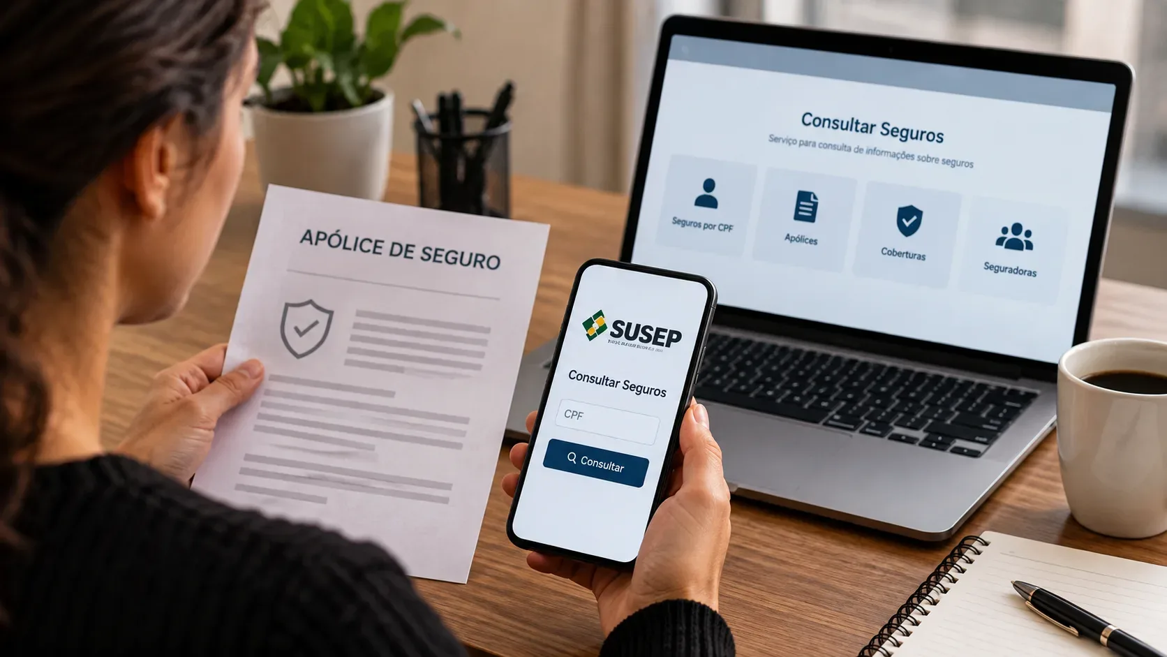 Pessoa confere uma apólice de seguro enquanto consulta seguros no celular ao lado de um notebook.