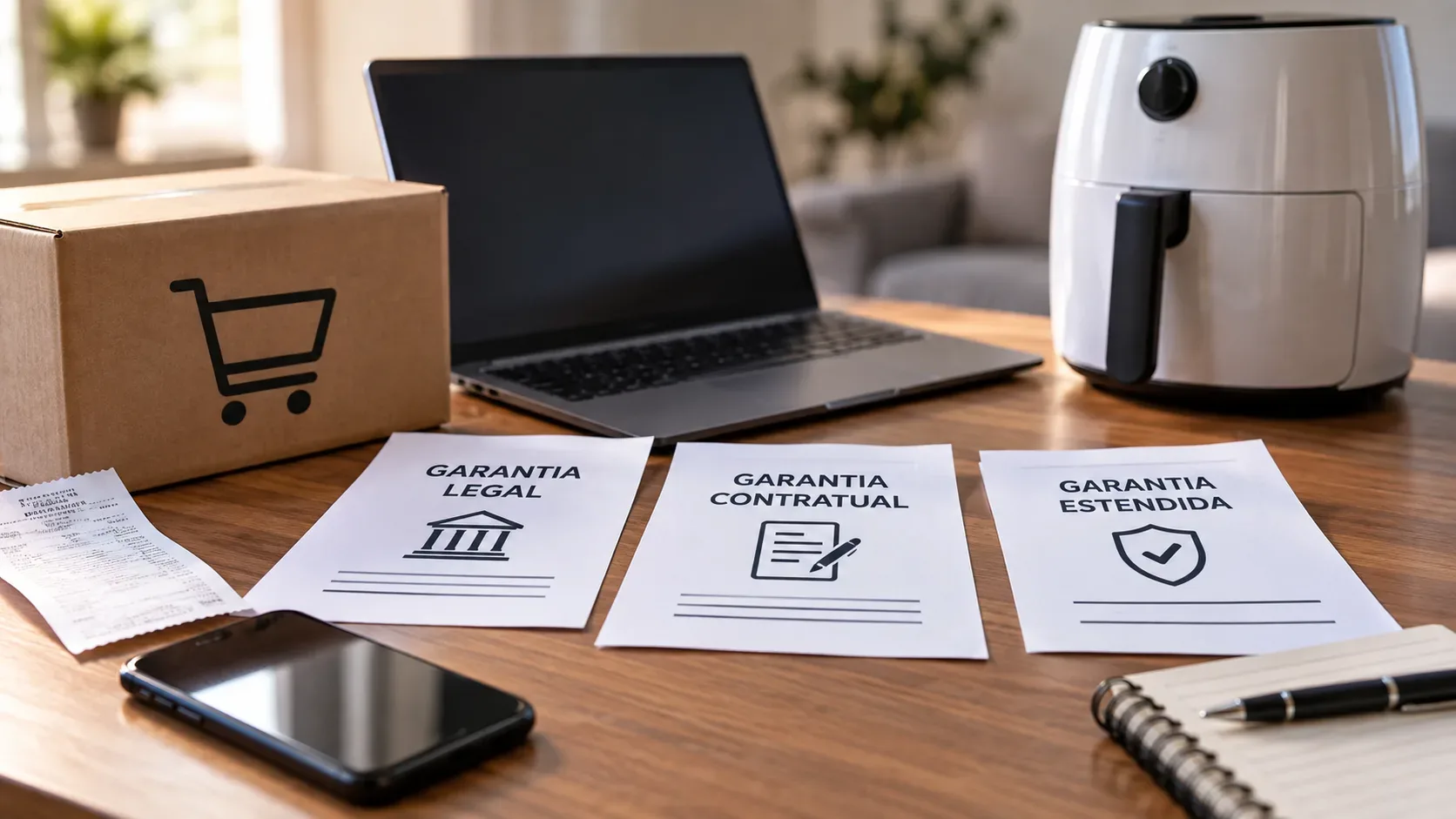 Mesa de madeira com notebook, caixa de compra, celular, fritadeira elétrica e três folhas identificadas como garantia legal, contratual e estendida.