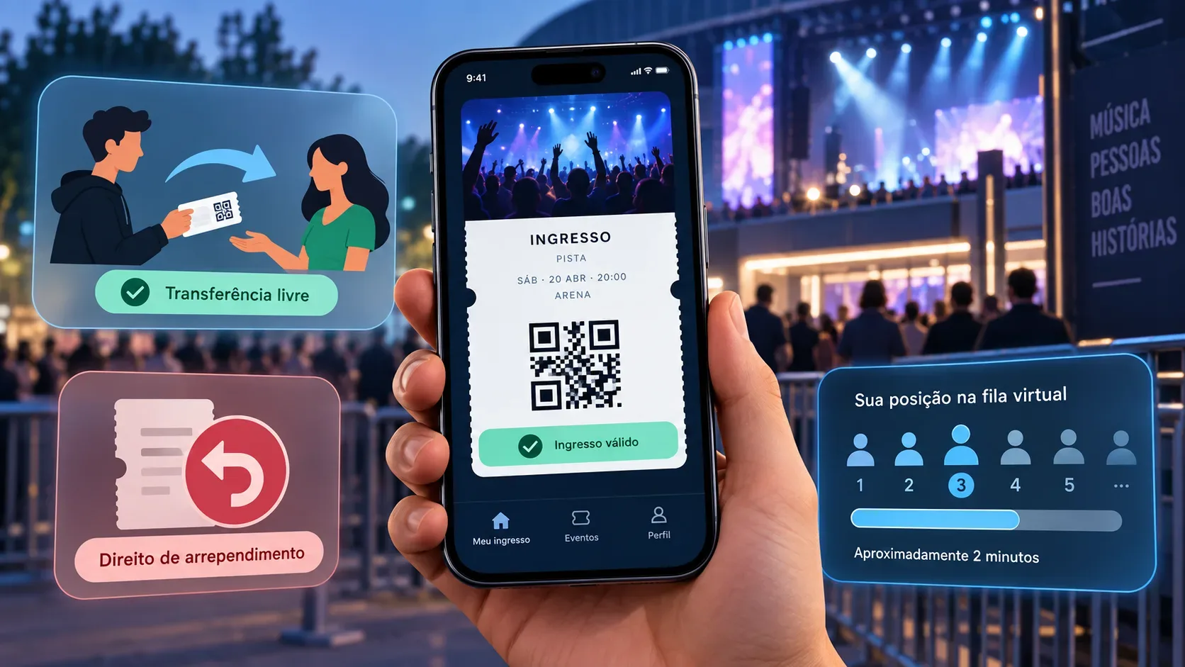 Mão segura celular com ingresso digital diante de um show, cercado por painéis que representam transferência, arrependimento e posição em fila virtual.