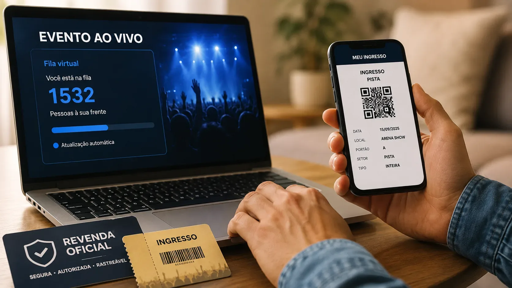 Notebook exibindo fila virtual de ingressos ao lado de celular com ingresso digital e cartões de revenda sobre uma mesa.