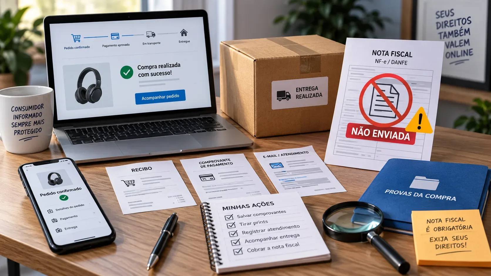 Mesa com notebook exibindo compra online, caixa entregue, celular, comprovantes, pasta de provas, lupa e documento de nota fiscal marcado como não enviado.
