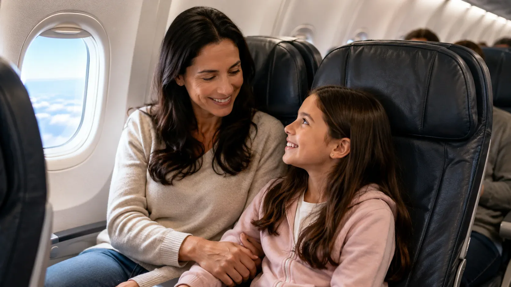 Mãe e filha menor sentadas lado a lado em poltronas de avião junto à janela, sorrindo uma para a outra.