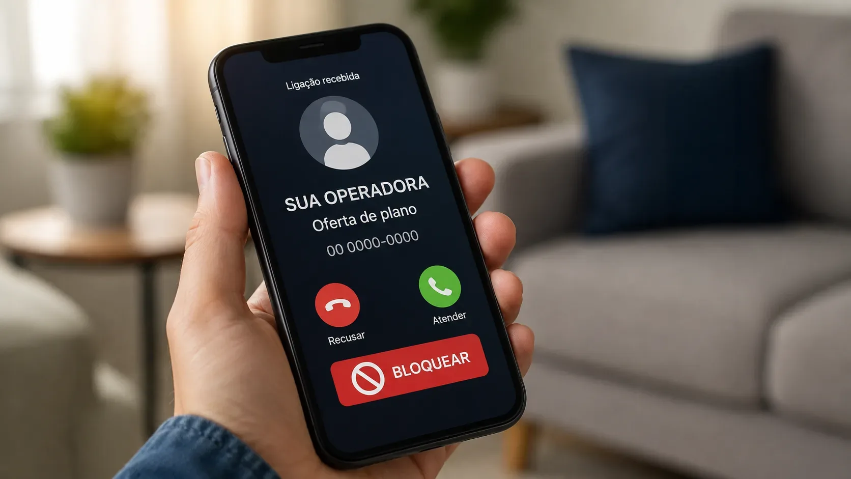 Mão segurando smartphone que exibe chamada de uma operadora oferecendo plano, com opção de bloquear na tela.