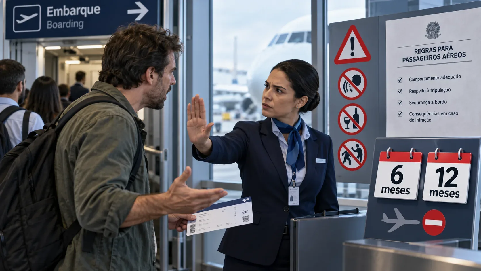 Funcionária de companhia aérea faz gesto de parada diante de passageiro no portão de embarque, com avisos de suspensão de 6 e 12 meses ao lado.