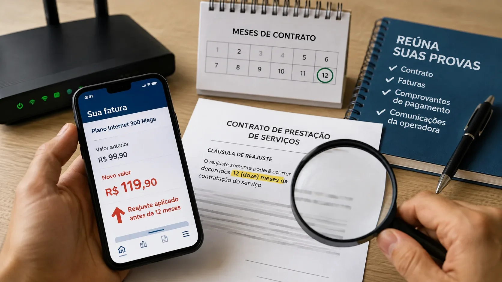 Pessoa compara no celular uma fatura de internet mais cara com contrato de reajuste, calendário de 12 meses e checklist de provas.