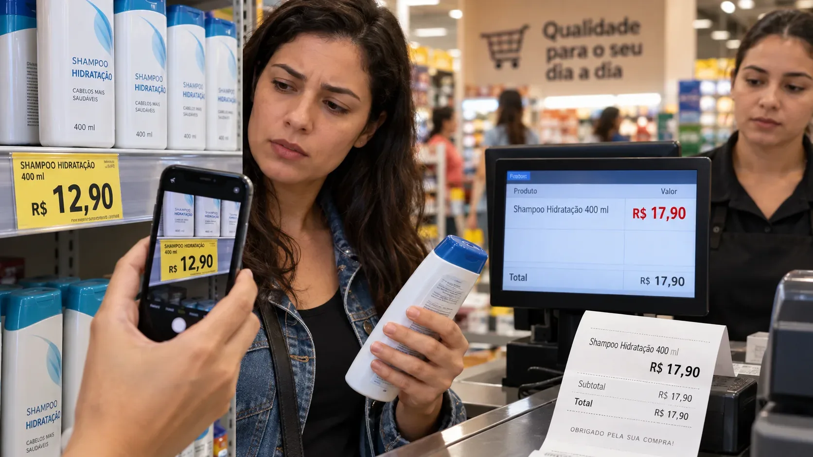 Consumidora compara shampoo com etiqueta de R$ 12,90 na prateleira e cobrança de R$ 17,90 no caixa, enquanto registra o preço com o celular.