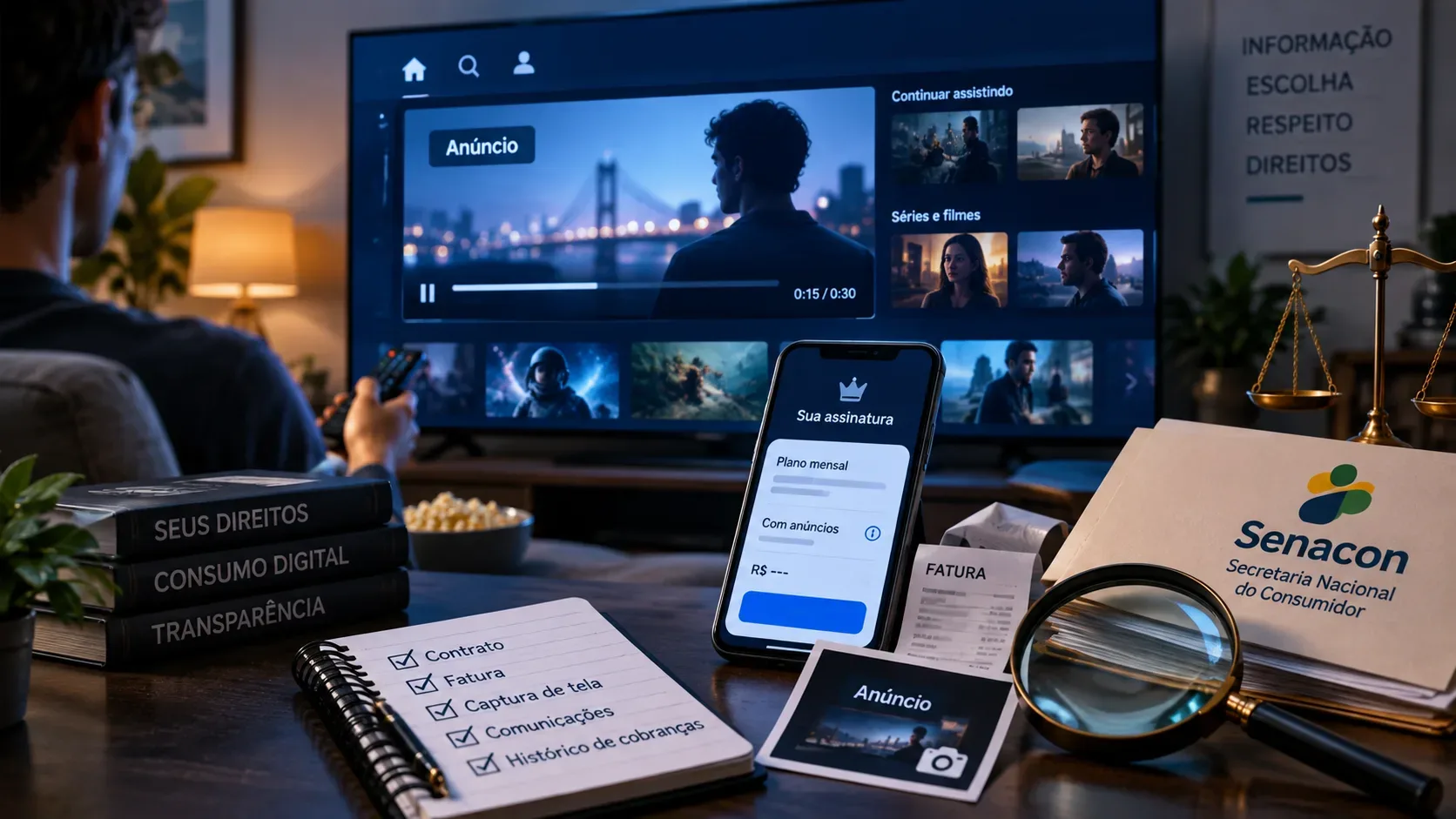 Sala com TV exibindo anúncio em serviço de streaming, celular com tela de assinatura e mesa com documentos, fatura, lupa e balança da justiça.