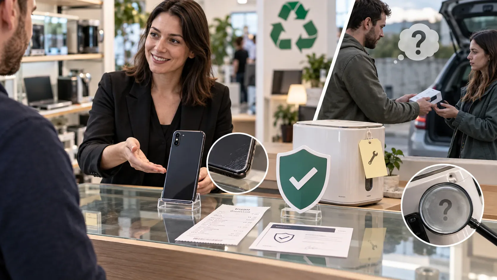 Atendente apresenta smartphone usado em loja, com comprovante e símbolo de proteção, enquanto uma cena secundária mostra venda entre particulares e inspeção de defeitos.