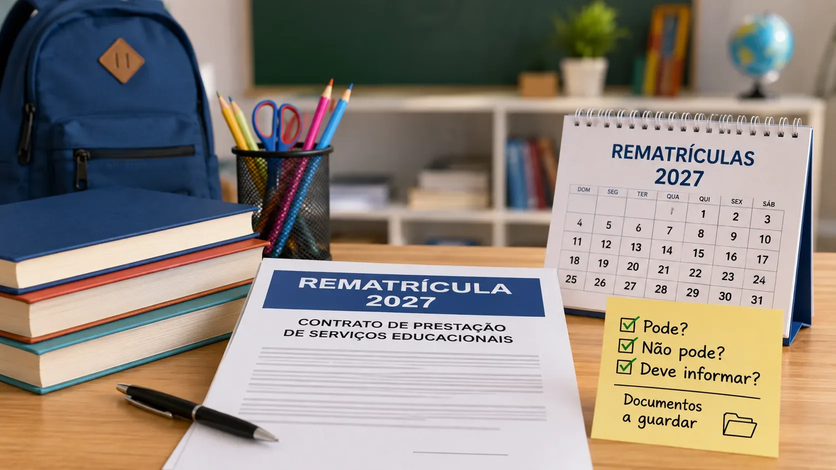 Mesa escolar com contrato de rematrícula 2027, calendário, mochila, livros, materiais escolares e checklist de conferência.