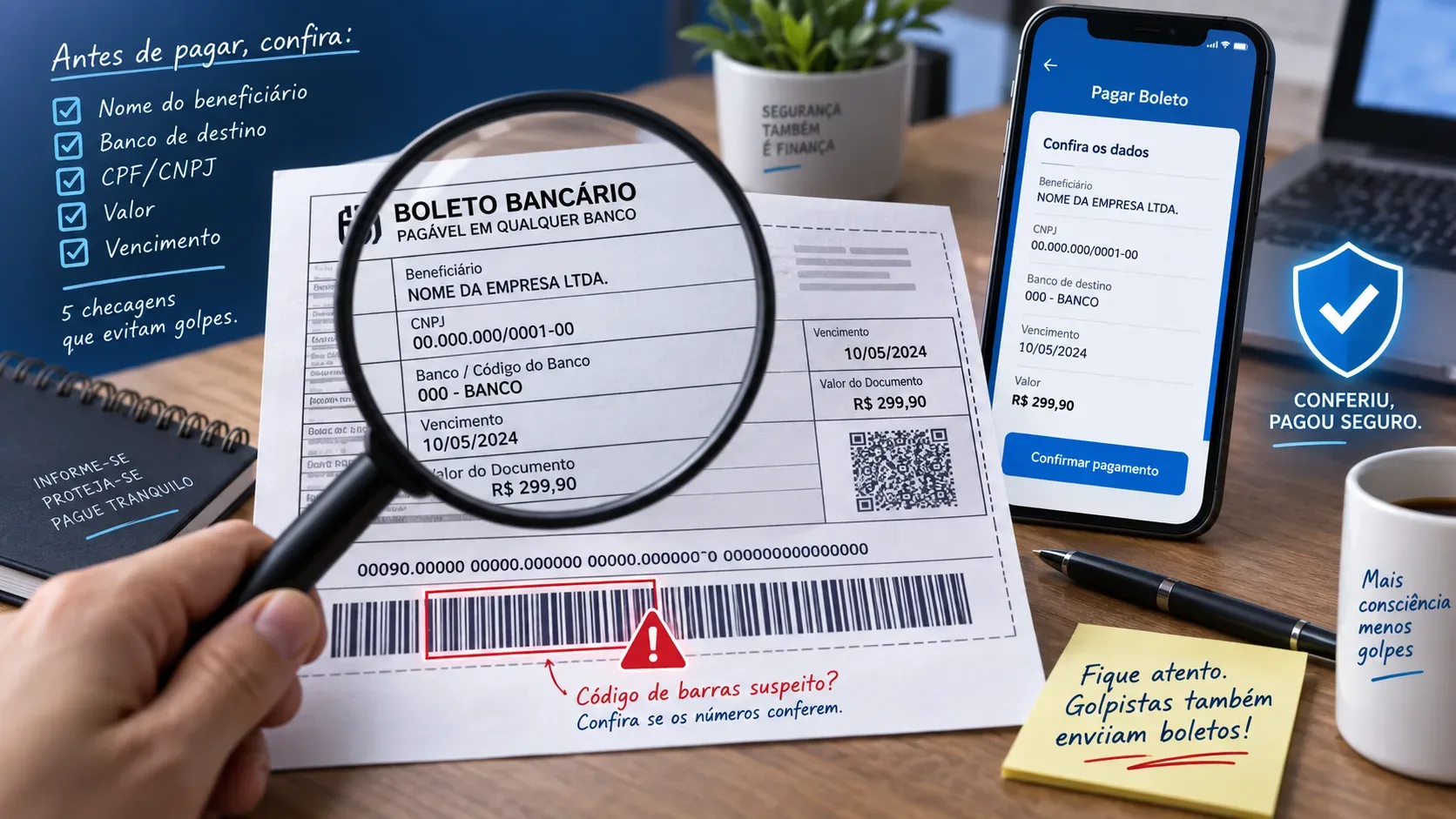 Boleto bancário sendo conferido com lupa ao lado de celular que mostra dados do pagamento e alertas visuais de segurança.