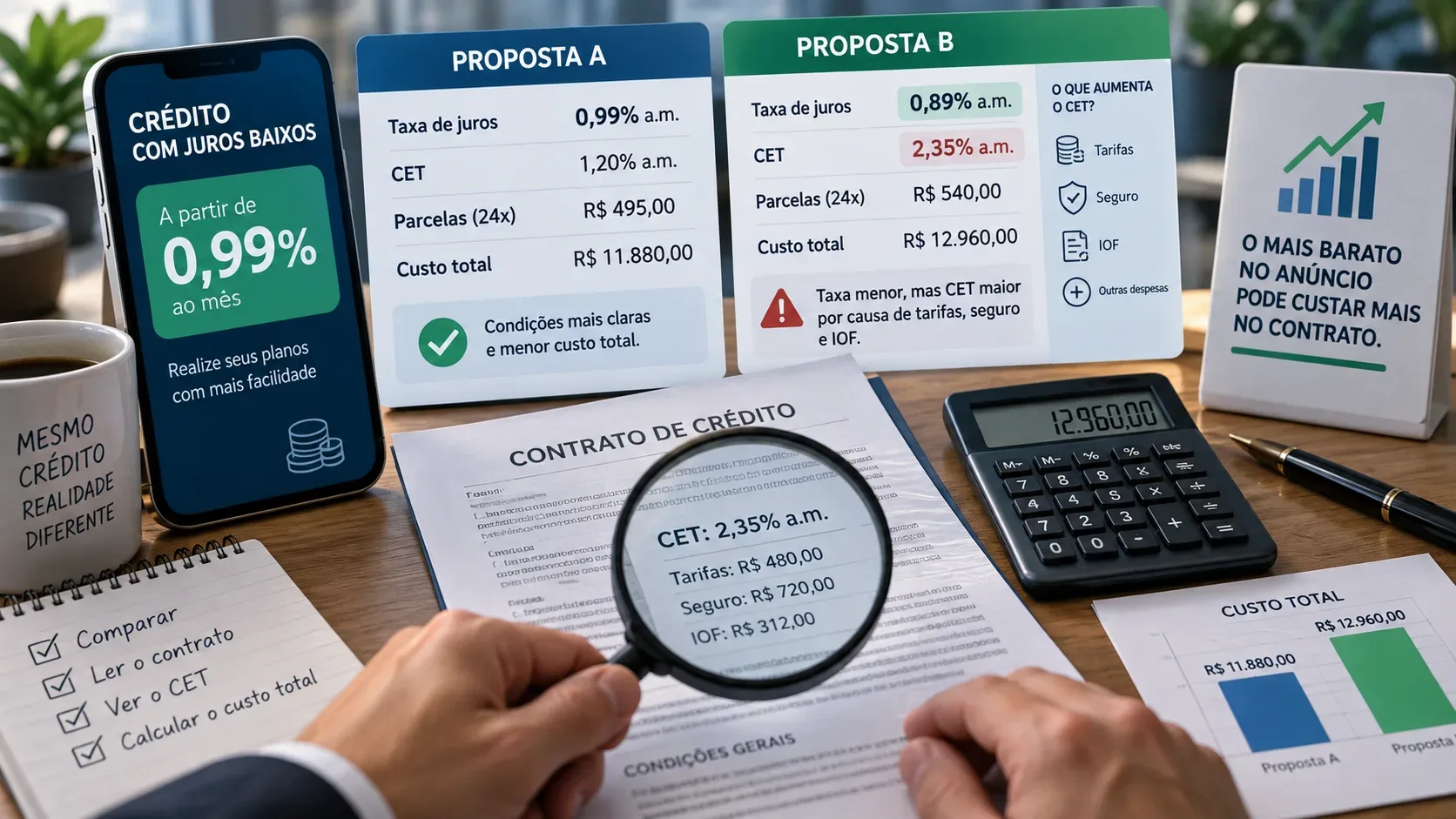 Mãos analisam um contrato de crédito com lupa, ao lado de painéis que comparam juros, CET, parcelas e custo total, um celular com anúncio de juros baixos e uma calculadora.