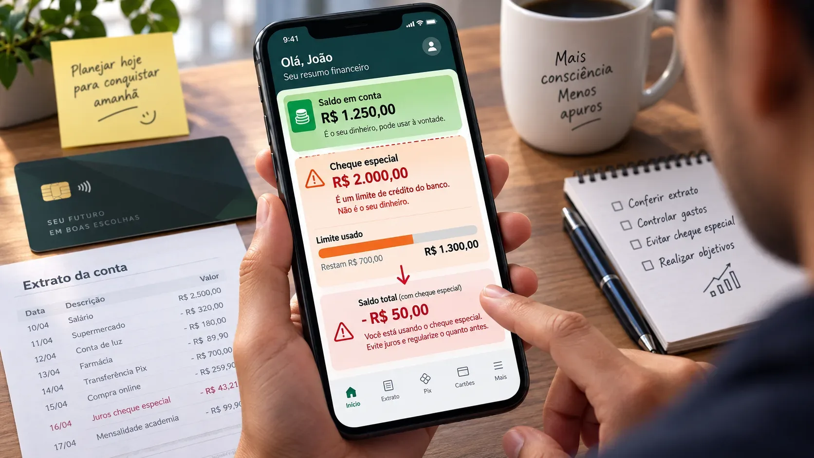 Pessoa consulta aplicativo bancário que separa saldo em conta em verde e cheque especial em alerta laranja, com extrato e cartão sobre a mesa.