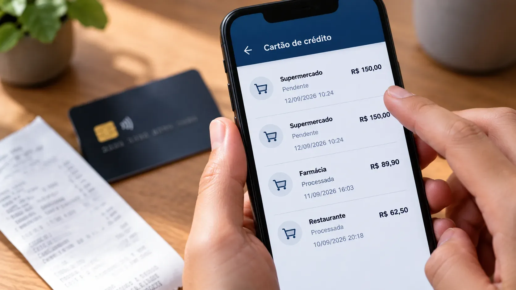 Pessoa confere no celular dois lançamentos pendentes do mesmo supermercado ao lado de cartão e comprovante.