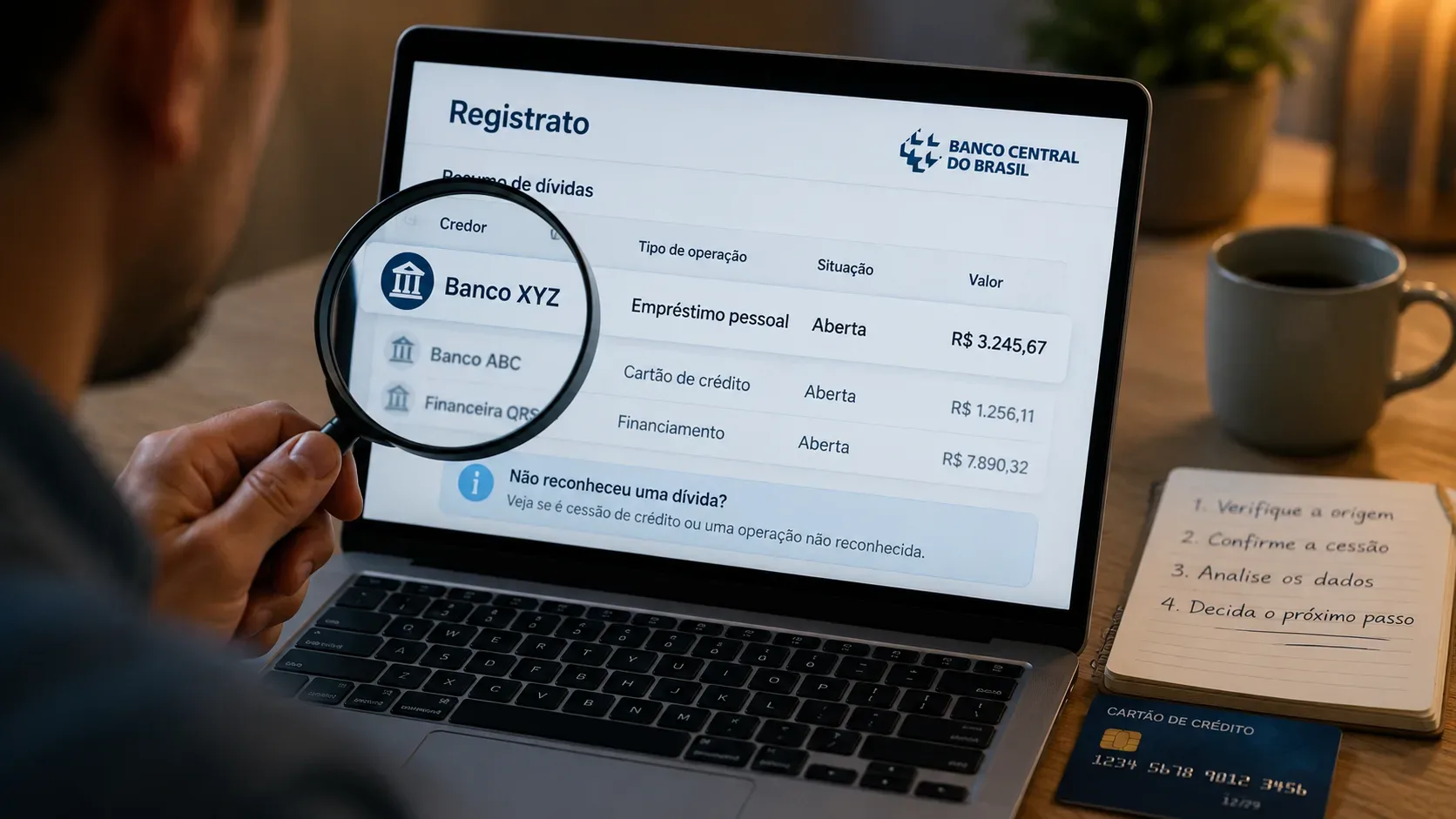 Pessoa analisa no notebook um relatório do Registrato com lupa sobre uma dívida atribuída a banco desconhecido, ao lado de anotações de verificação e cartão de crédito.