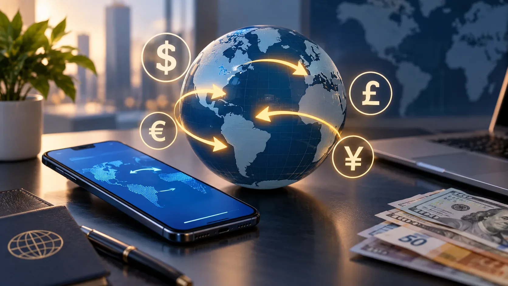 Globo azul sobre uma mesa com setas luminosas de transferências internacionais, símbolos de moedas, smartphone com mapa, passaporte e cédulas.