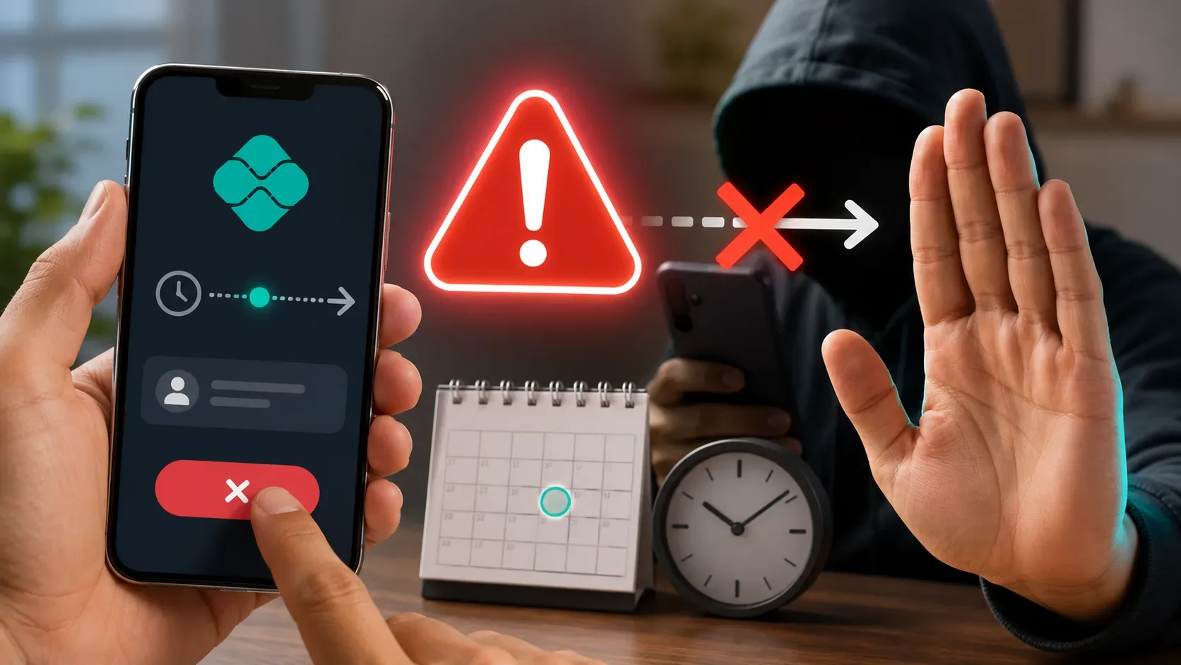 Pessoa cancela uma transferência agendada no celular enquanto alerta, calendário, relógio e uma figura encapuzada simbolizam um golpe interrompido.