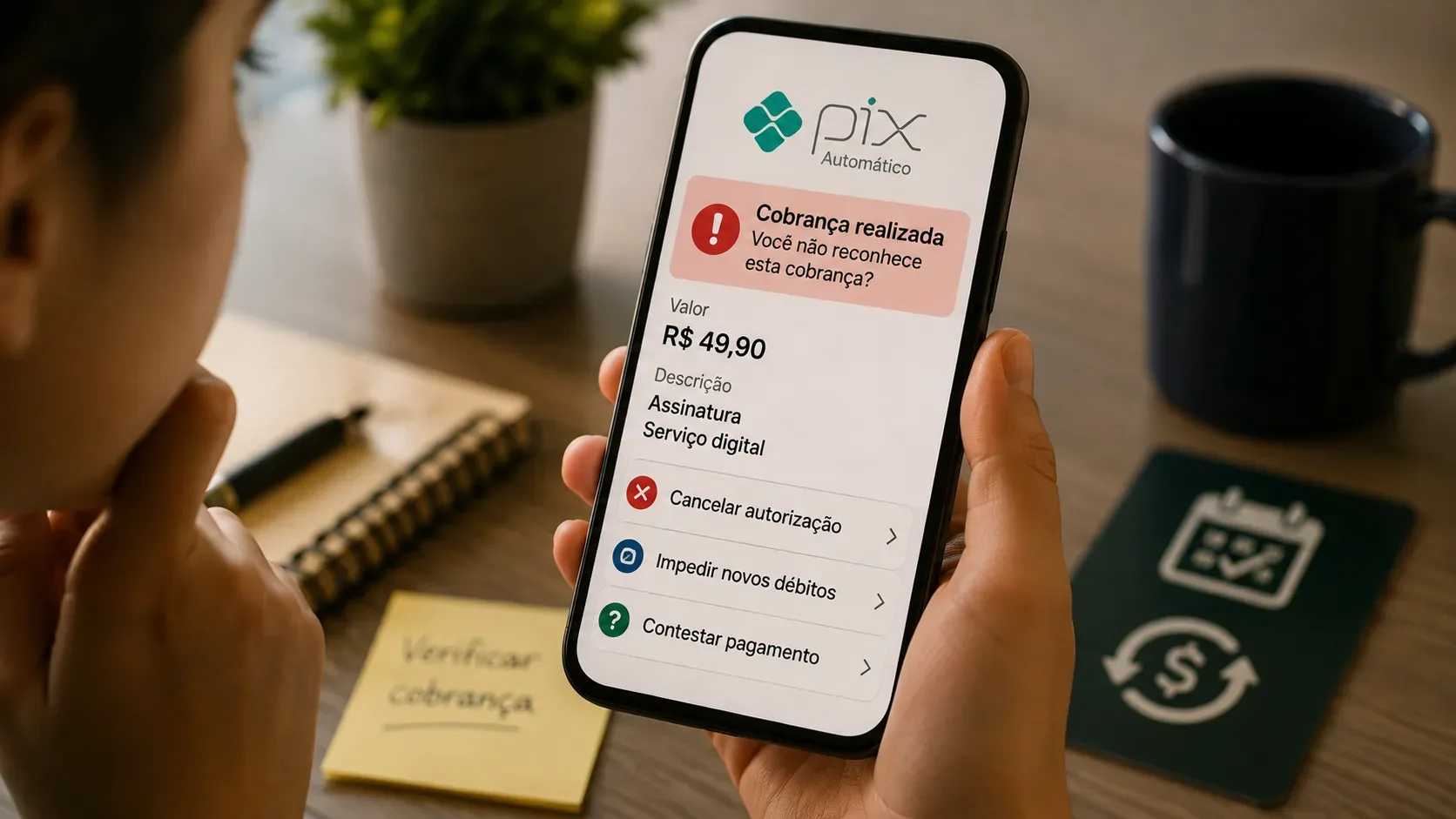 Pessoa segura celular com tela de Pix Automático mostrando alerta de cobrança de R$ 49,90 e opções para cancelar autorização e contestar pagamento.