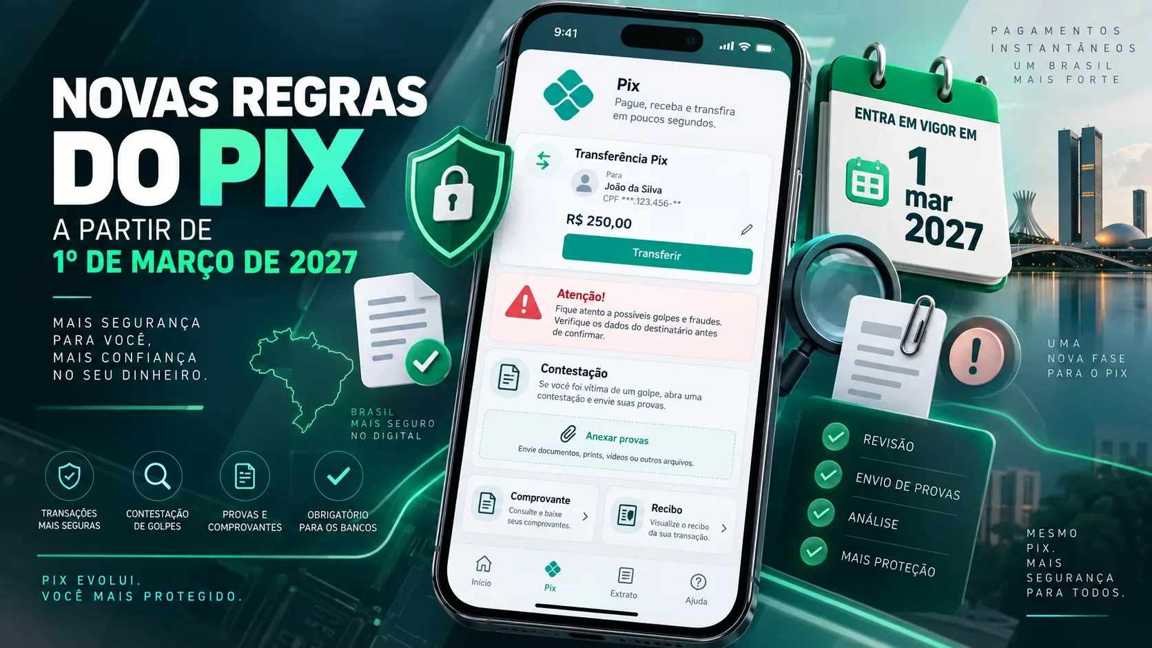 Capa gráfica sobre novas regras do Pix com smartphone exibindo contestação, anexos e comprovantes, escudo de segurança e calendário de 1º de março de 2027, com Brasília ao fundo.