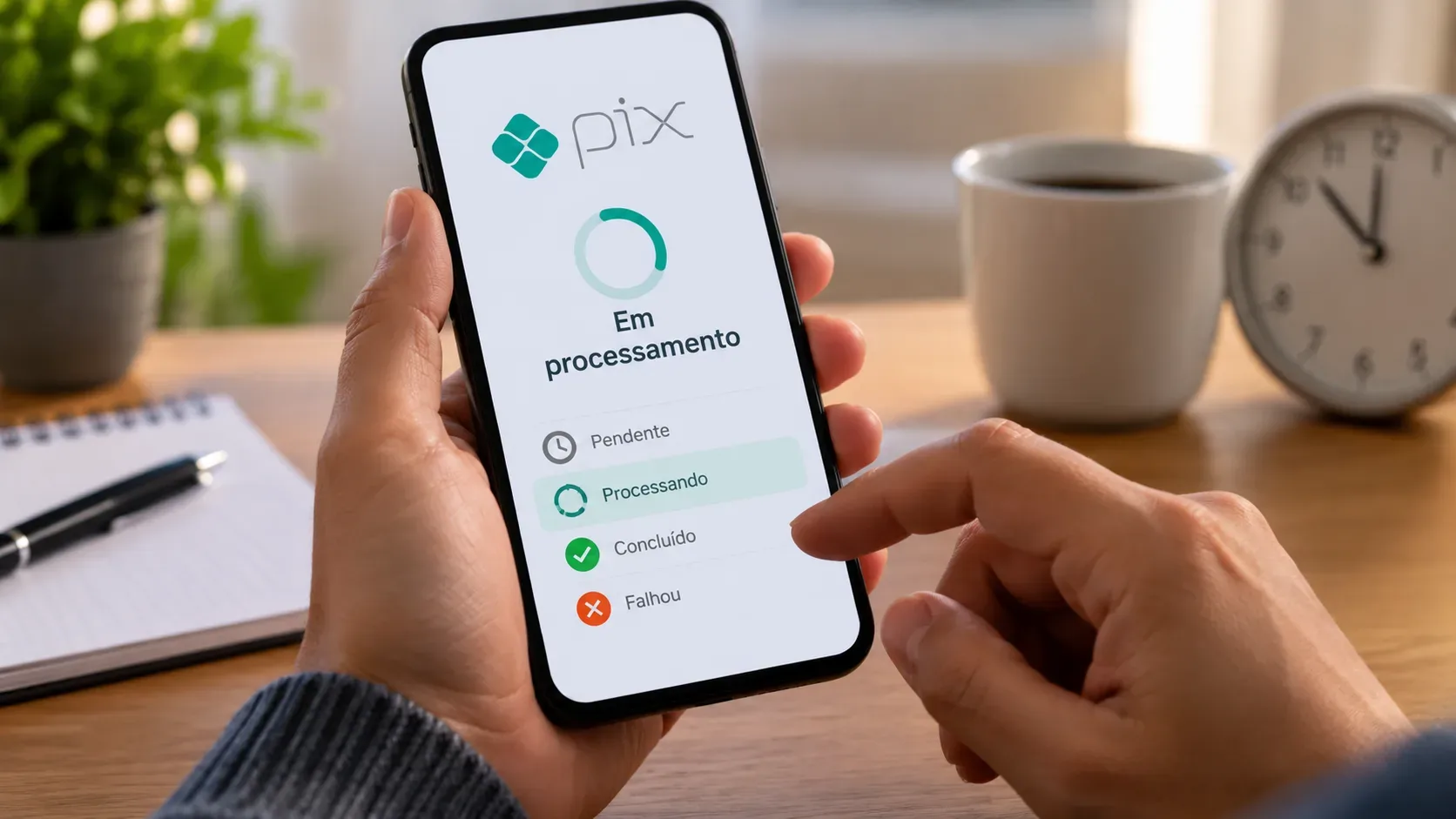Mãos segurando smartphone com tela de Pix em processamento, lista de status e relógio ao fundo sobre uma mesa.