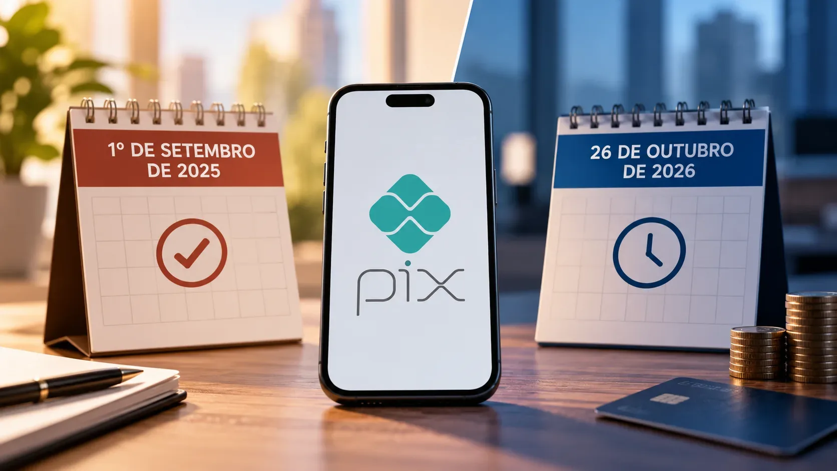 Celular com símbolo do Pix entre dois calendários de mesa, um com marca de confirmação e outro com relógio, ao lado de moedas e cartão.