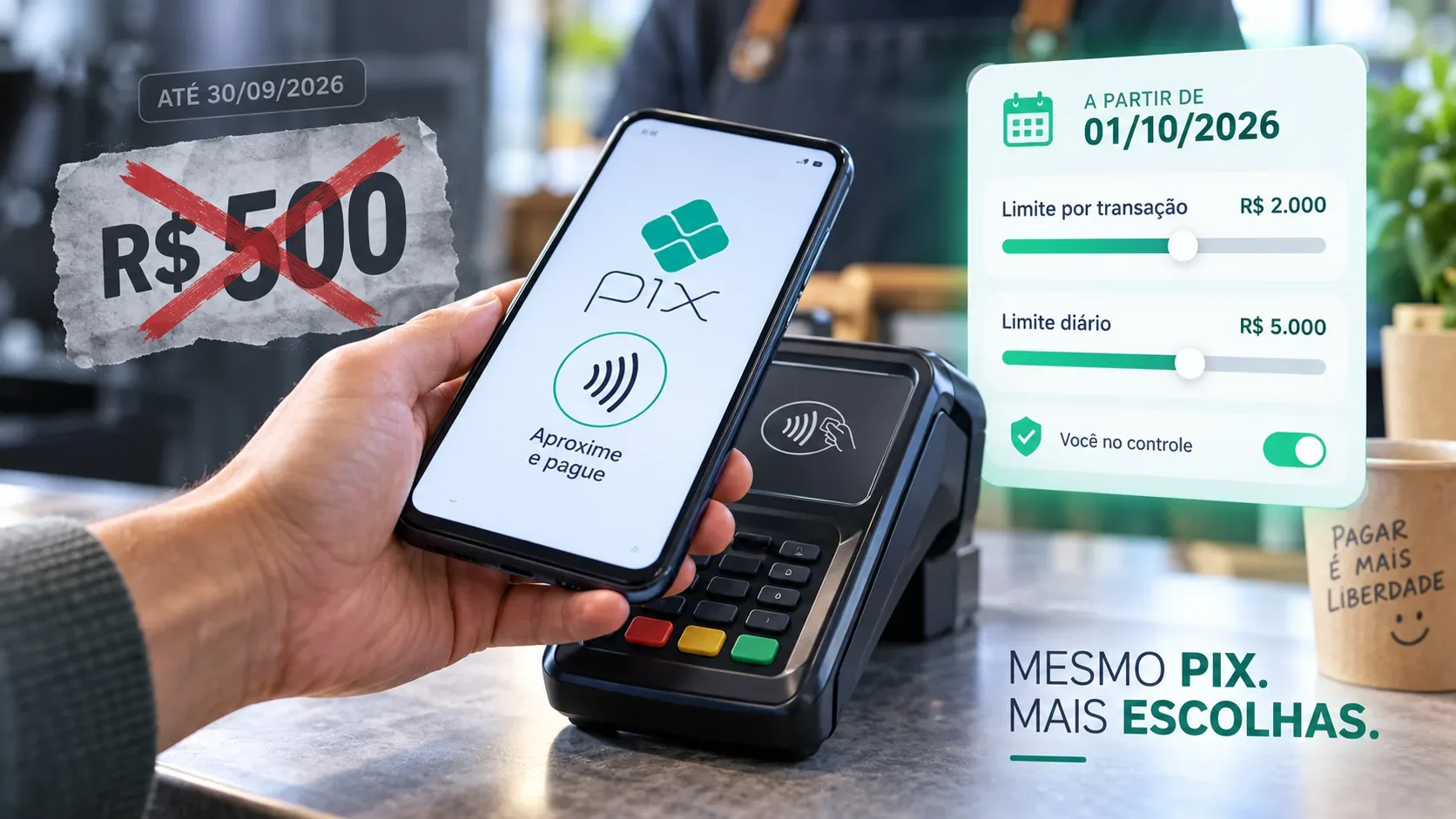 Mão aproxima celular com Pix de uma maquininha, ao lado de referência ao teto de R$ 500 riscado e controles de limite por transação e por dia.
