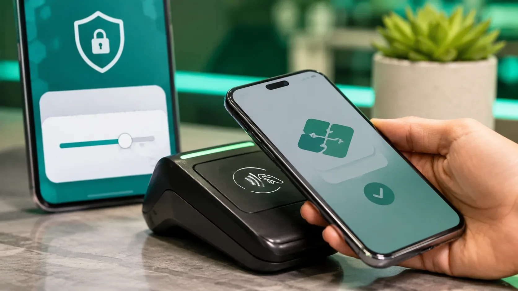 Celular aproximado de uma maquininha de pagamento, com símbolo de contato e uma tela ao fundo mostrando controle deslizante de limite e ícone de segurança.