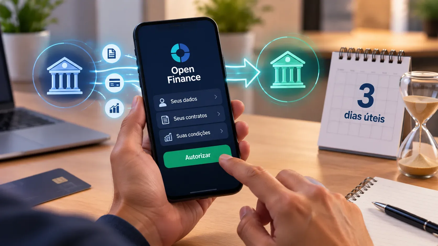 Mãos segurando um smartphone com interface de autorização do Open Finance, ícones bancários conectados, calendário marcado com 3 dias úteis e ampulheta sobre a mesa.