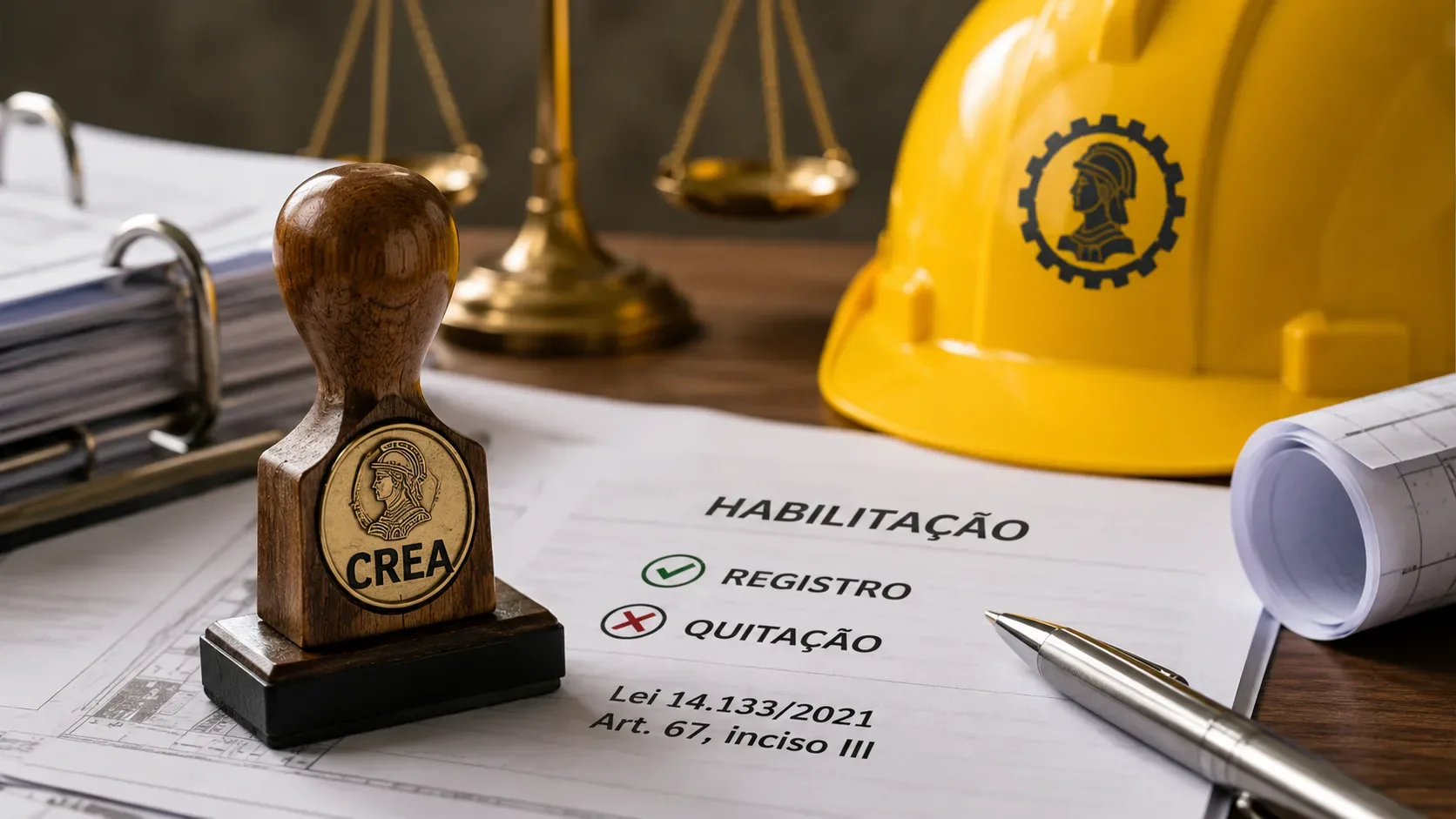 Mesa de trabalho com selo do CREA, capacete de engenharia, balança da Justiça e documento de habilitação destacando registro e quitação.