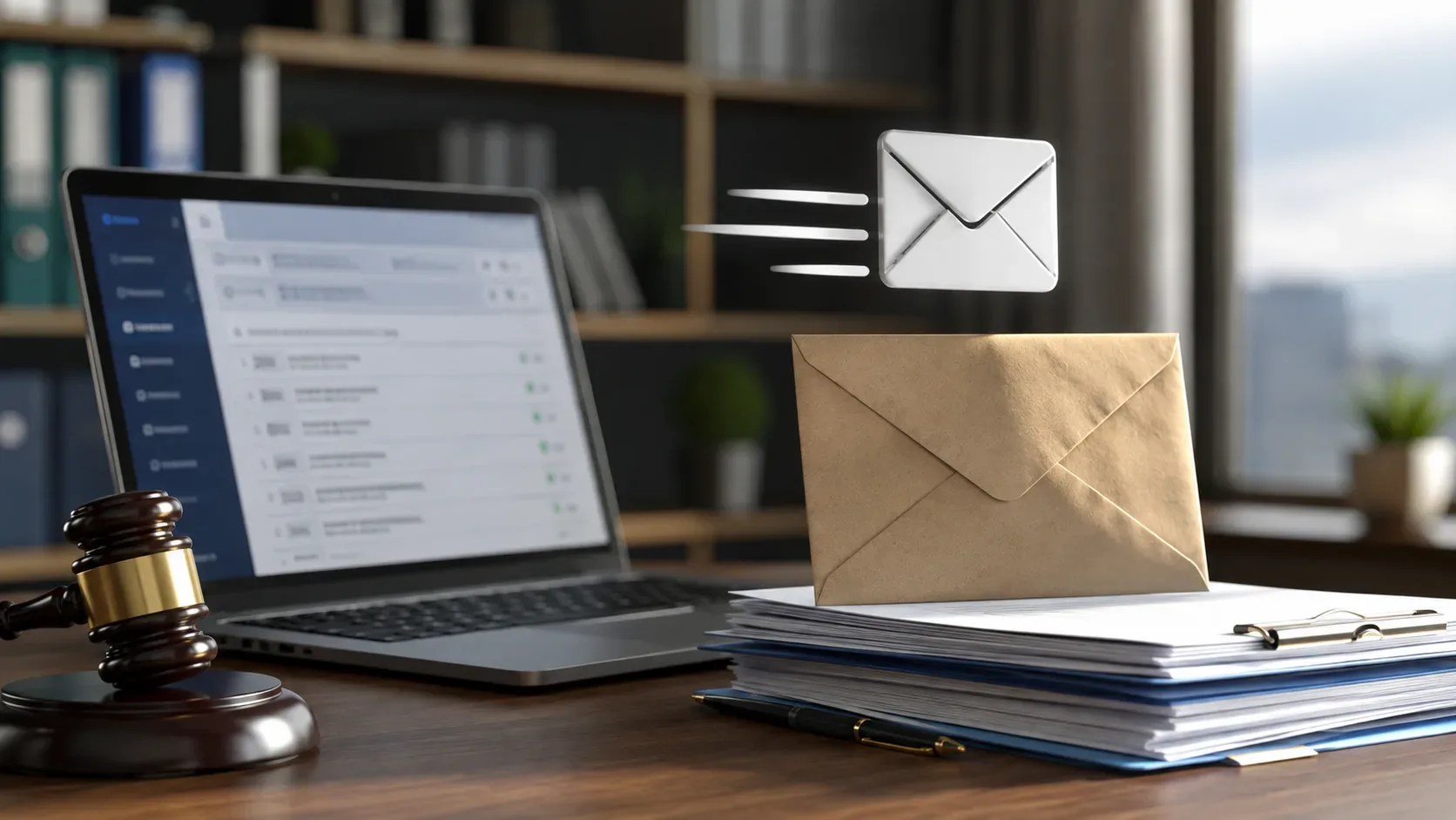 Notebook com plataforma genérica de contratação pública e um envelope de e-mail ao lado, representando a diferença entre canal oficial e comunicação paralela.