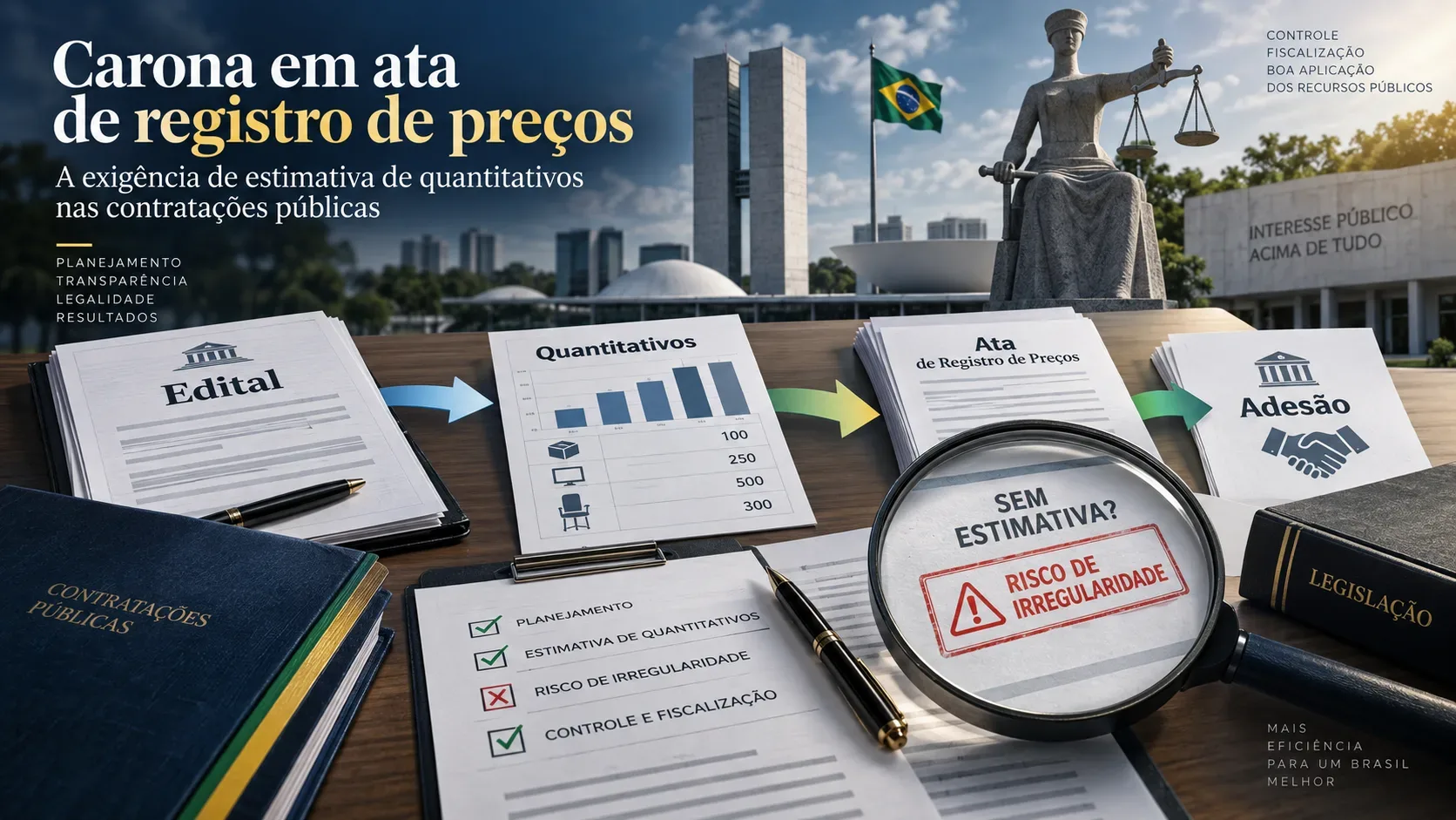 Composição editorial sobre contratações públicas, com documentos de edital e ata, quadro de quantitativos, seta para adesão, edifícios públicos, balança da Justiça e lupa destacando risco de irregularidade.